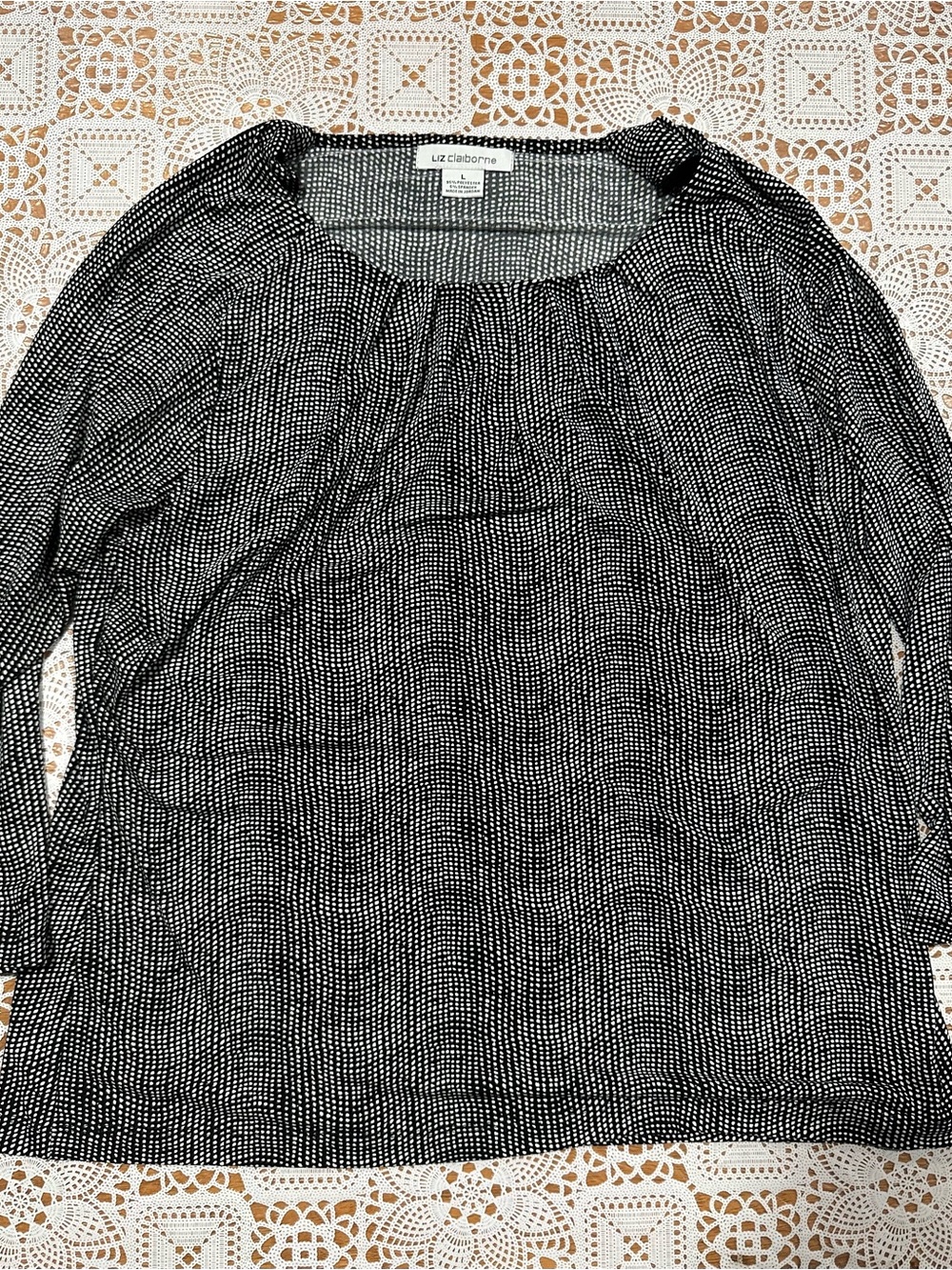 Liz Claiborne Black White Print Stretch Blouse Large Career Top